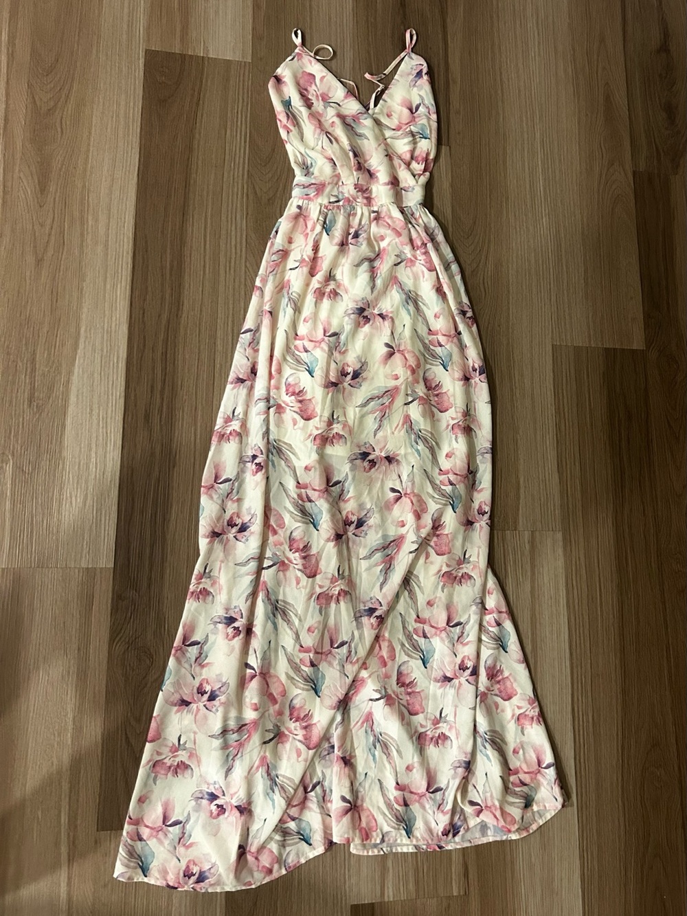 Floral Cream and Pink Spaghetti-Strap Maxi Dress